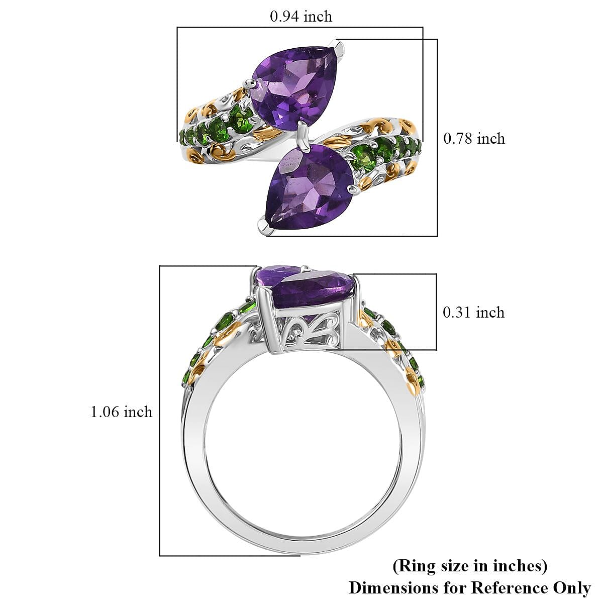 D'Joy African Amethyst and Chrome Diopside 3.25 ctw Bypass Bell Flower Ring in 18K Vermeil Yellow Gold and Platinum Over Sterling Silver (Size 6.0) image number 5