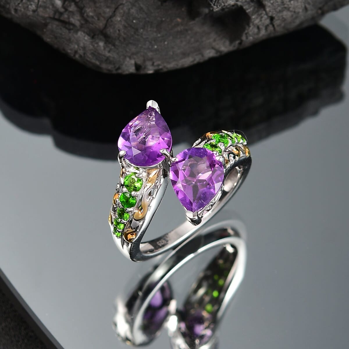 D'Joy African Amethyst and Chrome Diopside 3.25 ctw Bypass Bell Flower Ring in 18K Vermeil Yellow Gold and Platinum Over Sterling Silver (Size 7.0) image number 1