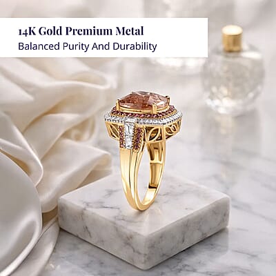 Mega Saving Luxoro 14K Yellow Gold AAA Marropino Morganite, Padparadscha Sapphire and White Diamond (I2) Classic Halo Ring (Size 11.0) 7.80 ctw