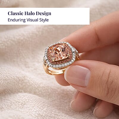 Mega Saving Luxoro 14K Yellow Gold AAA Marropino Morganite, Padparadscha Sapphire and White Diamond (I2) Classic Halo Ring (Size 11.0) 7.80 ctw