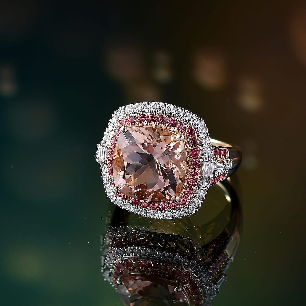 Luxoro 14K Yellow Gold AAA Marropino Morganite, Padparadscha Sapphire and White Diamond (I2) Classic Halo Ring (Size 5.0) 7.80 ctw image number 1