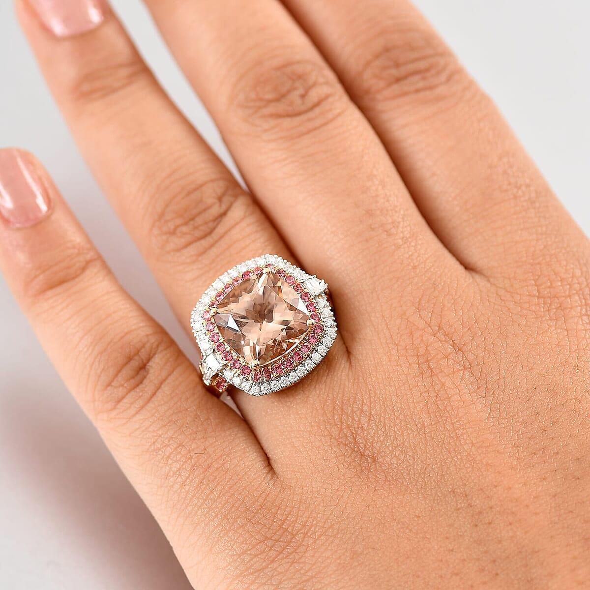 Luxoro 14K Yellow Gold AAA Marropino Morganite, Padparadscha Sapphire and White Diamond (I2) Classic Halo Ring (Size 5.0) 7.80 ctw image number 2