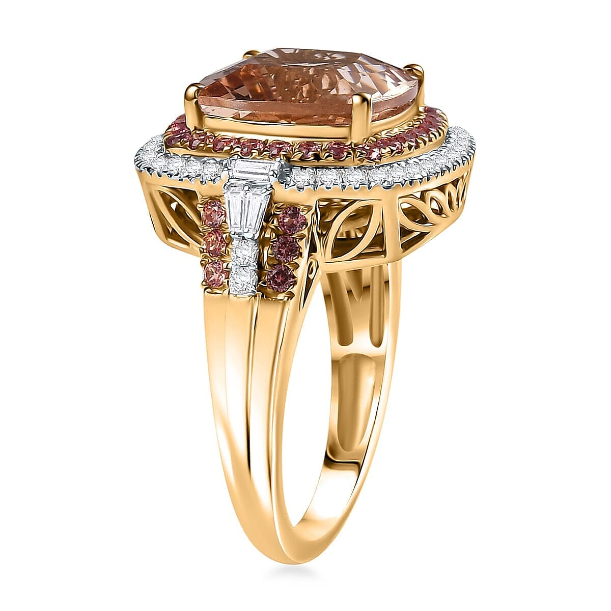 Luxoro 14K Yellow Gold AAA Marropino Morganite, Padparadscha Sapphire and White Diamond (I2) Classic Halo Ring (Size 5.0) 7.80 ctw image number 3