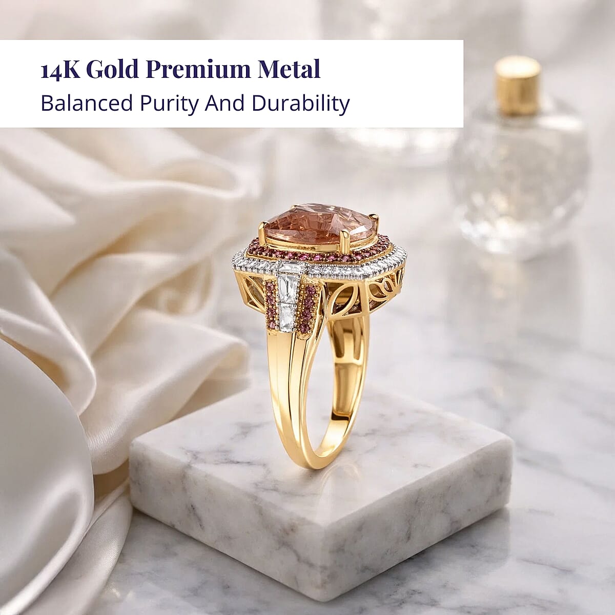 Luxoro 14K Yellow Gold AAA Marropino Morganite, Padparadscha Sapphire and White Diamond (I2) Classic Halo Ring (Size 5.5) 7.80 ctw image number 2