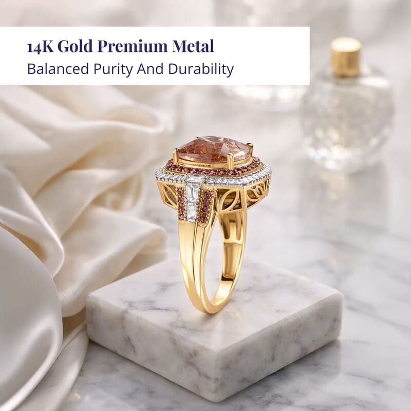 Mega Saving Luxoro 14K Yellow Gold AAA Marropino Morganite, Padparadscha Sapphire and White Diamond (I2) Classic Halo Ring (Size 5.5) 7.80 ctw