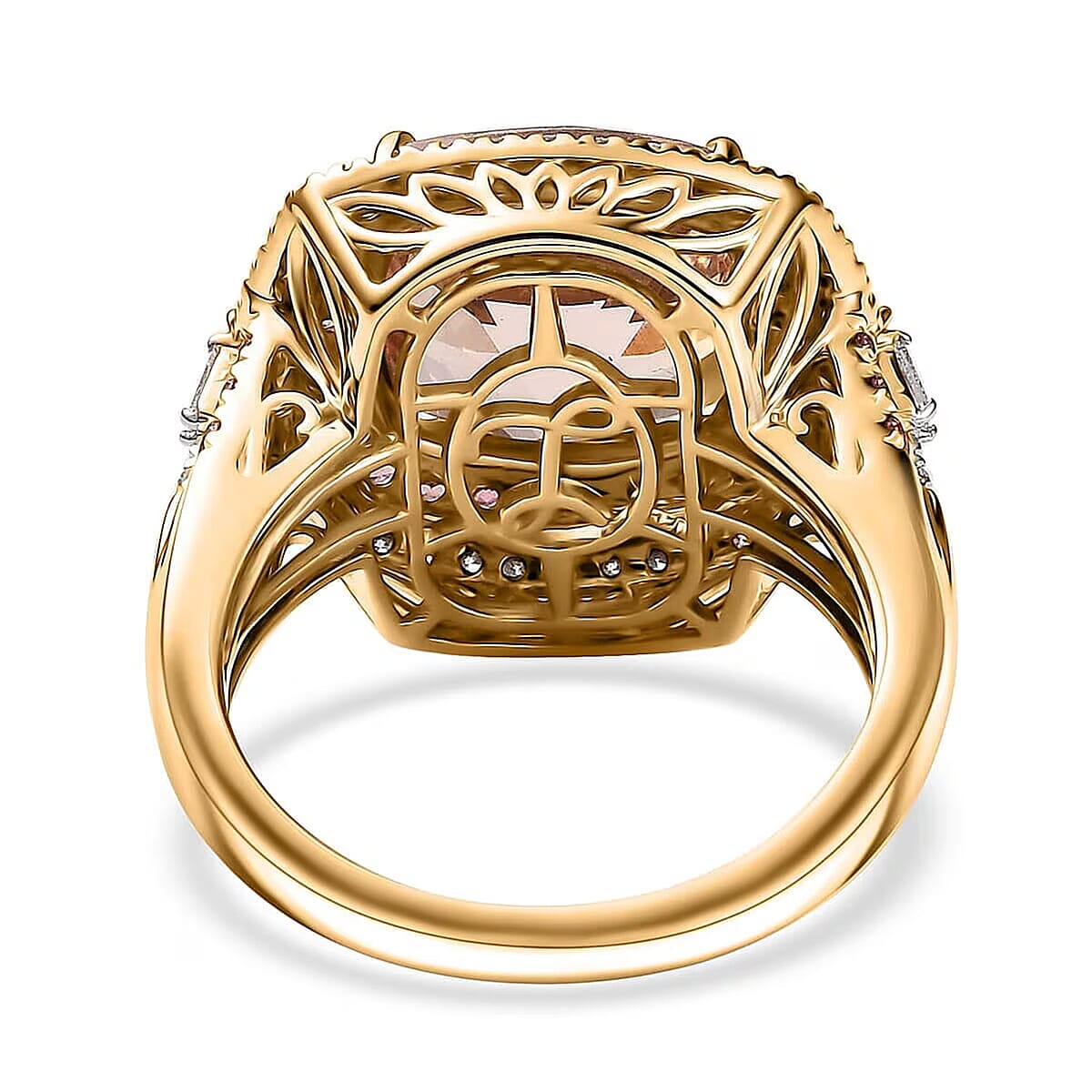 Luxoro 14K Yellow Gold AAA Marropino Morganite, Padparadscha Sapphire and White Diamond (I2) Classic Halo Ring (Size 5.5) 7.80 ctw image number 6