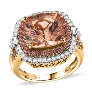 Luxoro AAA Marropino Morganite, Padparadscha Sapphire and White Diamond I2 780 ctw Classic Halo Ring in 14K Yellow Gold (Size 6.0)