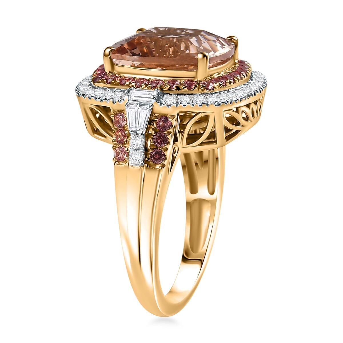 Luxoro AAA Marropino Morganite, Padparadscha Sapphire and White Diamond I2 780 ctw Classic Halo Ring in 14K Yellow Gold (Size 6.0) image number 3