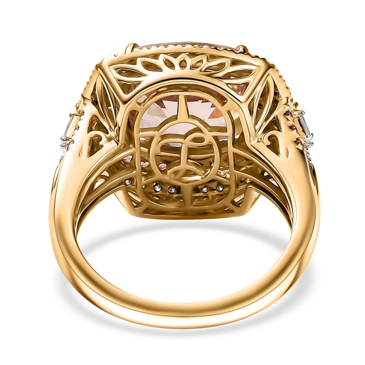 Luxoro AAA Marropino Morganite, Padparadscha Sapphire and White Diamond I2 780 ctw Classic Halo Ring in 14K Yellow Gold (Size 6.0) image number 4