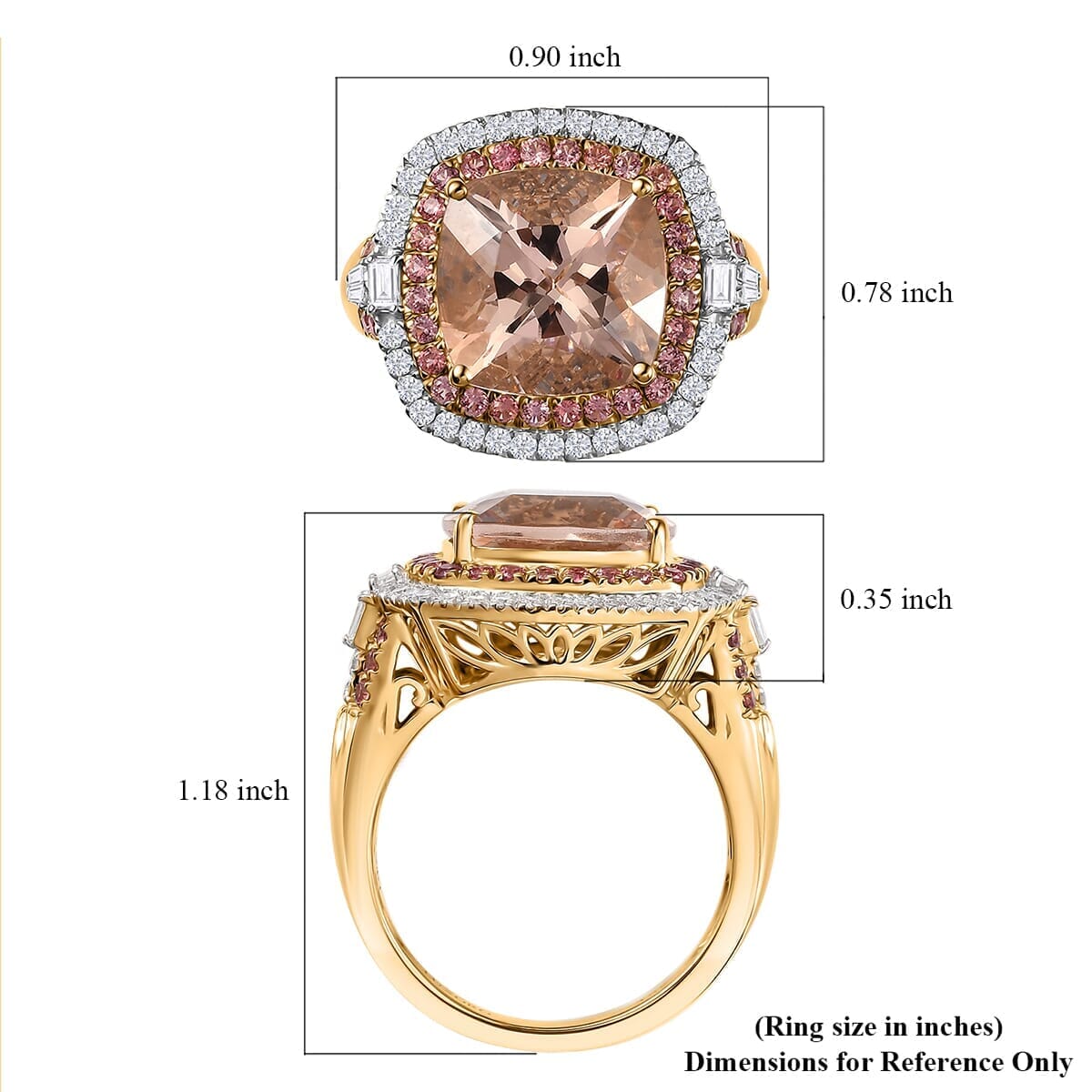 Luxoro AAA Marropino Morganite, Padparadscha Sapphire and White Diamond I2 780 ctw Classic Halo Ring in 14K Yellow Gold (Size 6.0) image number 5