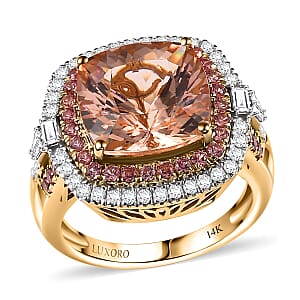 Luxoro 14K Yellow Gold AAA Marropino Morganite, Padparadscha Sapphire and White Diamond (I2) Classic Halo Ring (Size 6.5) 7.80 ctw