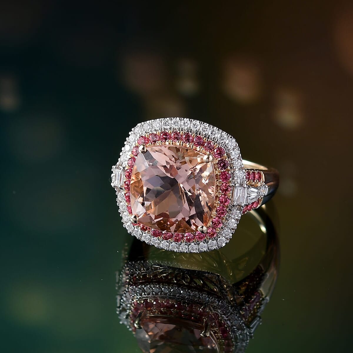 Luxoro AAA Marropino Morganite, Padparadscha Sapphire and White Diamond I2 780 ctw Classic Halo Ring in 14K Yellow Gold (Size 7.0) image number 1