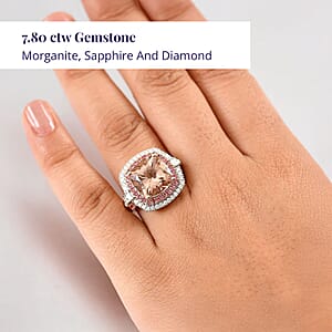 Luxoro AAA Marropino Morganite, Padparadscha Sapphire and White Diamond I2 7.80 ctw Classic Halo Ring in 14K Yellow Gold (Size 7.0)