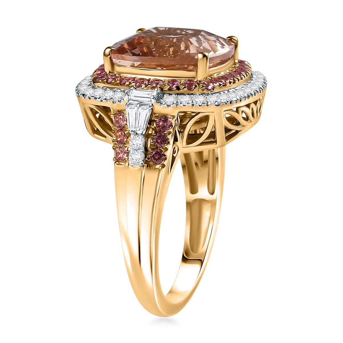 Luxoro AAA Marropino Morganite, Padparadscha Sapphire and White Diamond I2 780 ctw Classic Halo Ring in 14K Yellow Gold (Size 7.0) image number 3