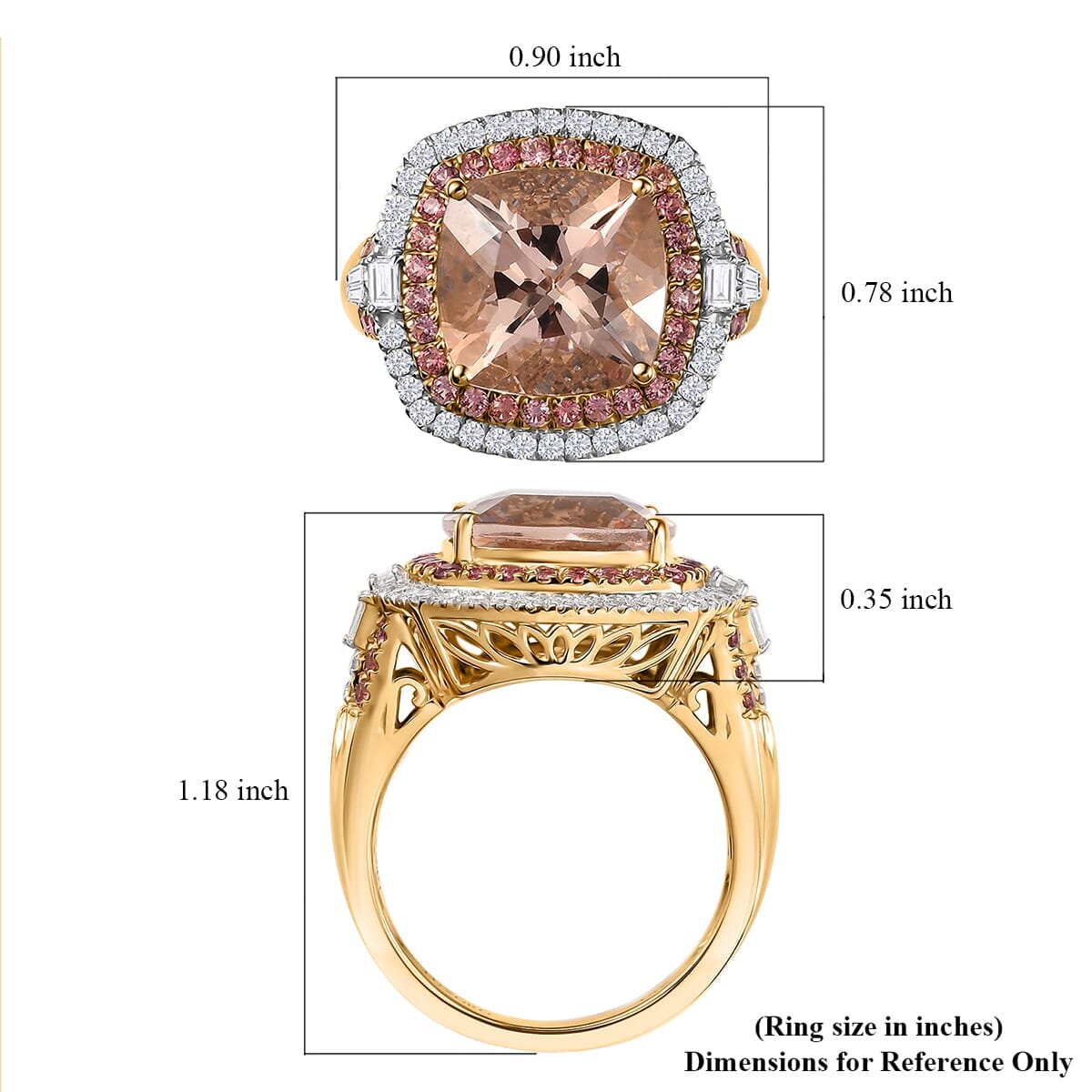 Luxoro AAA Marropino Morganite, Padparadscha Sapphire and White Diamond I2 780 ctw Classic Halo Ring in 14K Yellow Gold (Size 7.0) image number 5