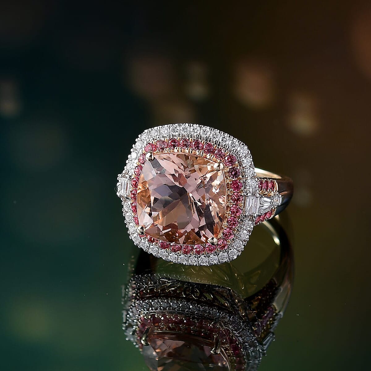 Luxoro AAA Marropino Morganite, Padparadscha Sapphire and White Diamond I2 7.80 ctw Classic Halo Ring in 14K Yellow Gold (Size 8.0) image number 1