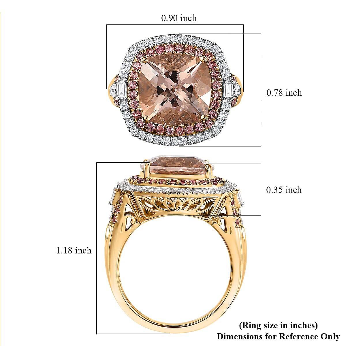 Luxoro AAA Marropino Morganite, Padparadscha Sapphire and White Diamond I2 7.80 ctw Classic Halo Ring in 14K Yellow Gold (Size 8.0) image number 5