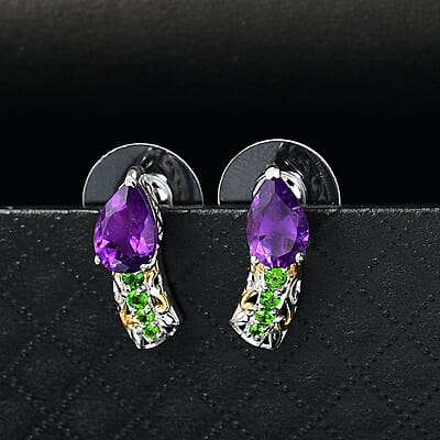 D'Joy African Amethyst and Chrome Diopside 2.65 ctw Bell Flower Earrings in 18K Vermeil YG and Platinum Over Sterling Silver 