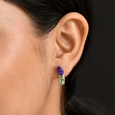 D'Joy African Amethyst and Chrome Diopside 2.65 ctw Bell Flower Earrings in 18K Vermeil YG and Platinum Over Sterling Silver 