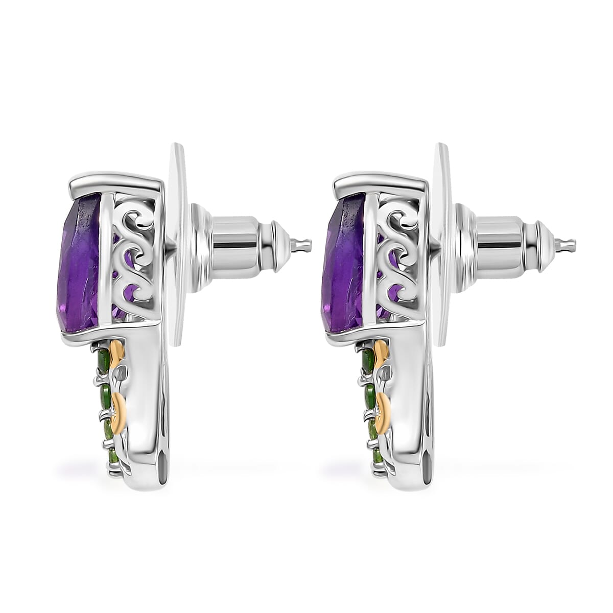 D'Joy African Amethyst and Chrome Diopside 2.65 ctw Bell Flower Earrings in 18K Vermeil YG and Platinum Over Sterling Silver  image number 3