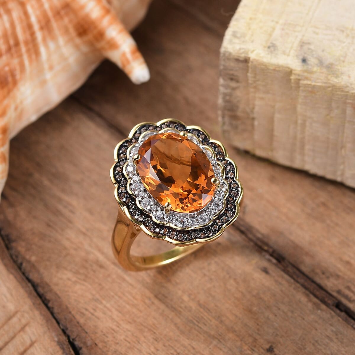 D'Joy Premium Santa Ana Madeira Citrine, White and Champagne Zircon Floral Ring in 18K Vermeil YG Over Sterling Silver (Size 10.0) 6.35 ctw image number 1