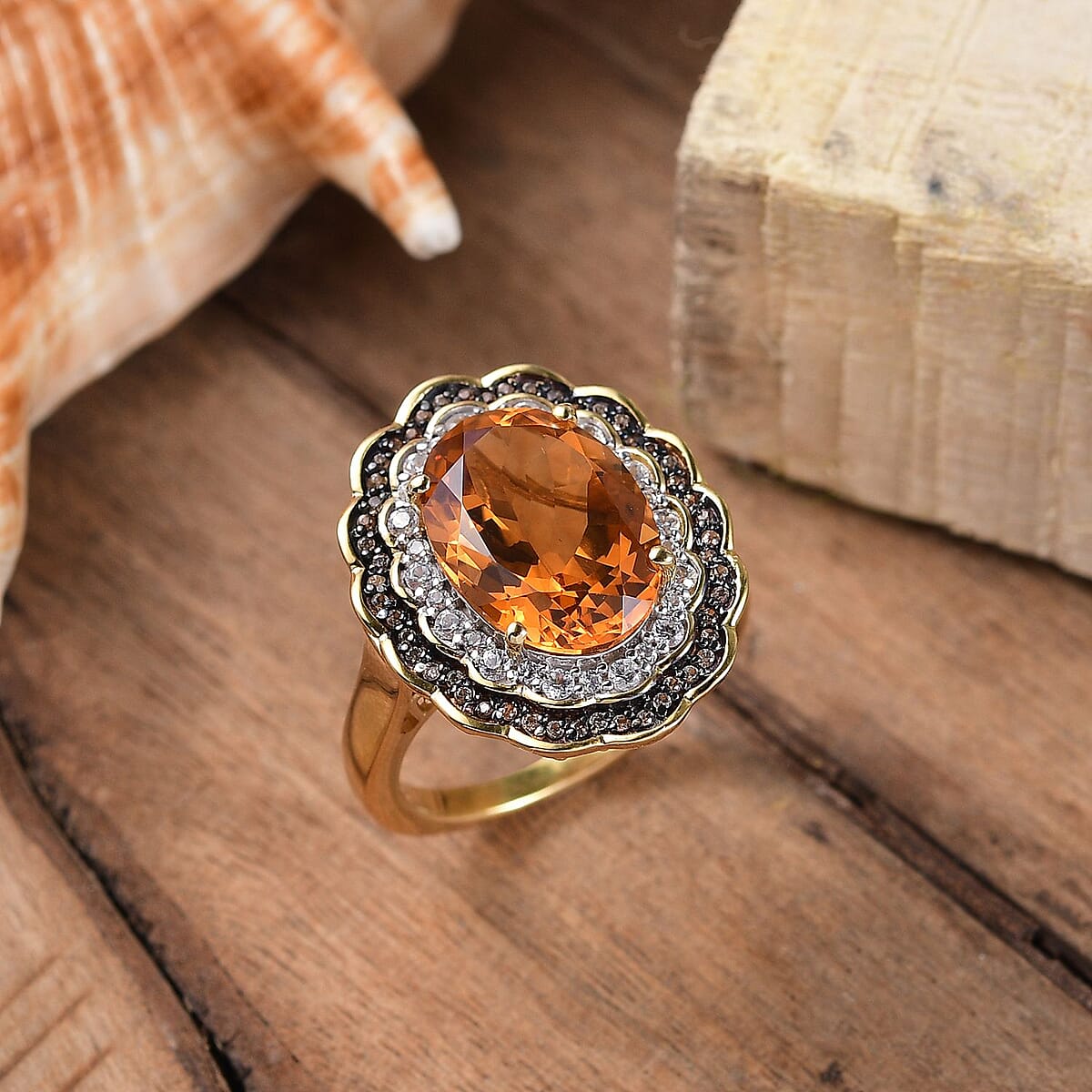 D'Joy Premium Santa Ana Madeira Citrine, White and Champagne Zircon Floral Ring in 18K Vermeil YG Over Sterling Silver (Size 6.0) 6.35 ctw image number 1