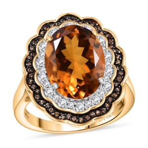 Premium Santa Ana Madeira Citrine, White and Champagne Zircon 6.35 ctw Floral Ring in 18K Vermeil Yellow Gold Over Sterling Silver (Size 7.0)