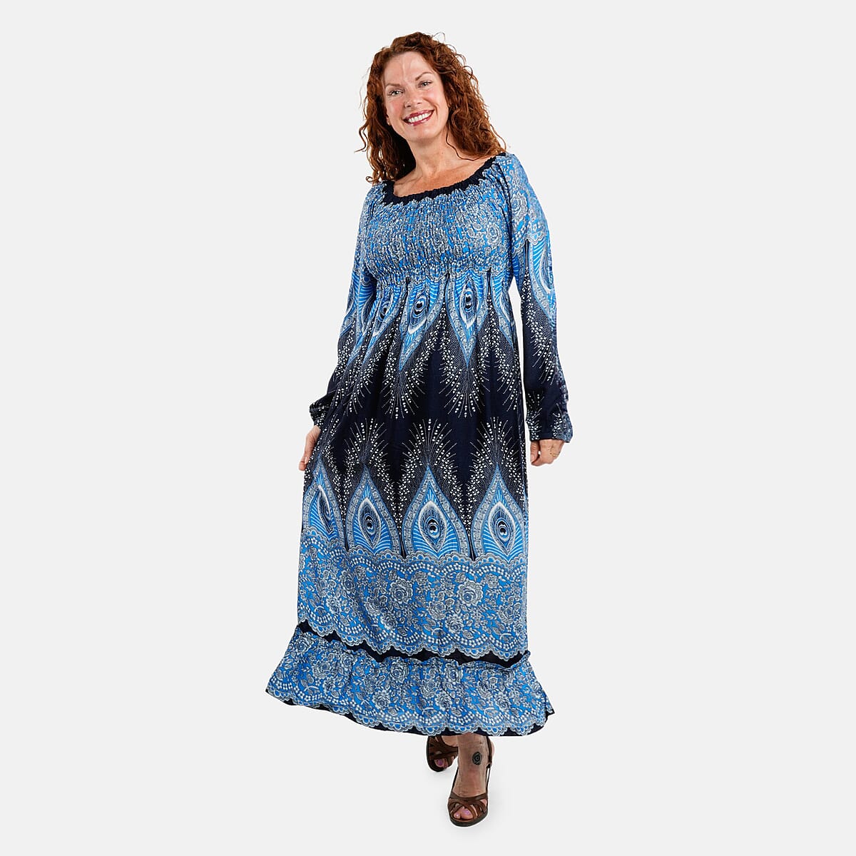 Blue Peacock Long Sleeve Smocked Maxi Dress - One Size Fits Most image number 0