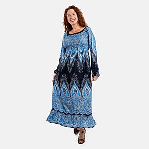 Blue Peacock Long Sleeve Smocked Maxi Dress - One Size Fits Most