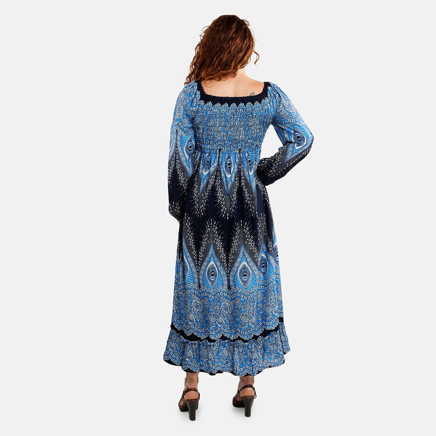 Blue Peacock Long Sleeve Smocked Maxi Dress - One Size Fits Most
