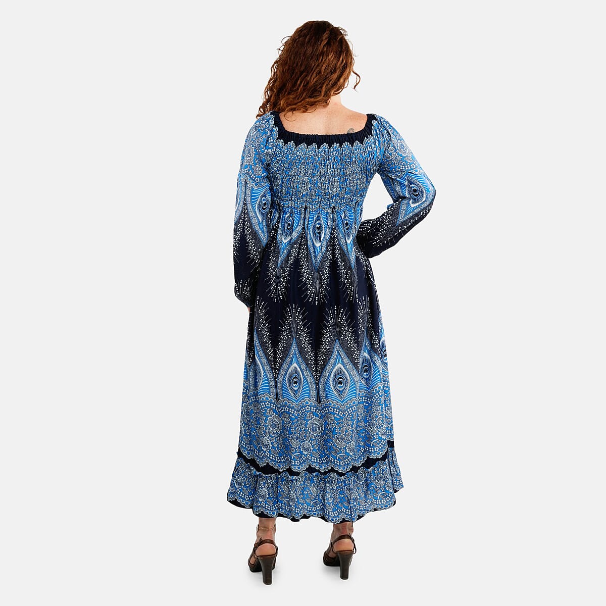Blue Peacock Long Sleeve Smocked Maxi Dress - One Size Fits Most image number 1