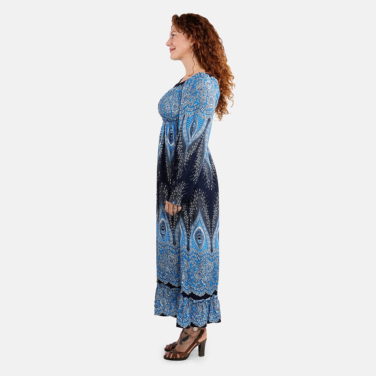 Blue Peacock Long Sleeve Smocked Maxi Dress - One Size Fits Most image number 2