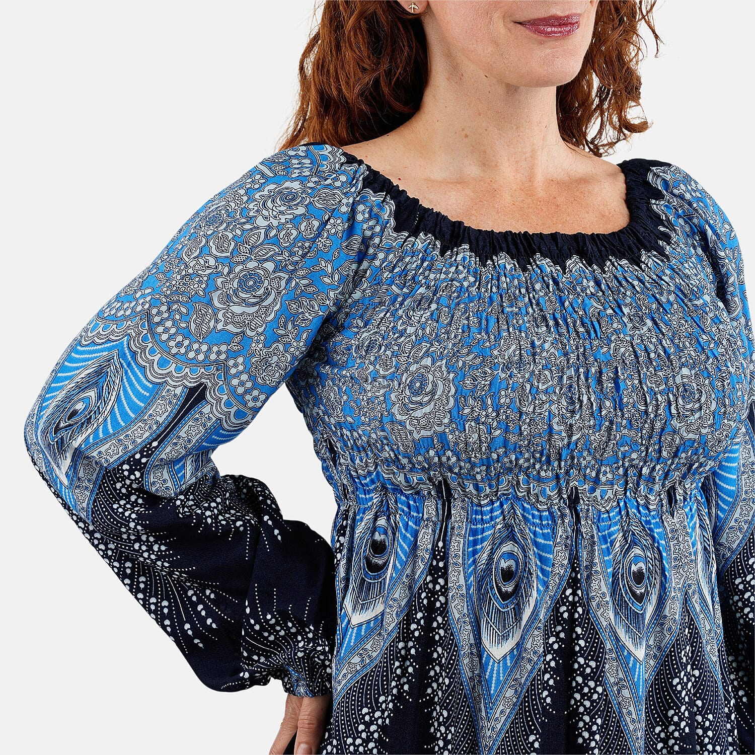 Blue Peacock Long Sleeve Smocked Maxi Dress - One Size Fits Most