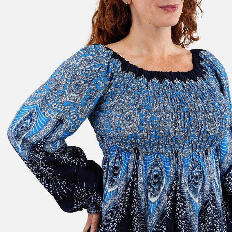 Blue Peacock Long Sleeve Smocked Maxi Dress - One Size Fits Most