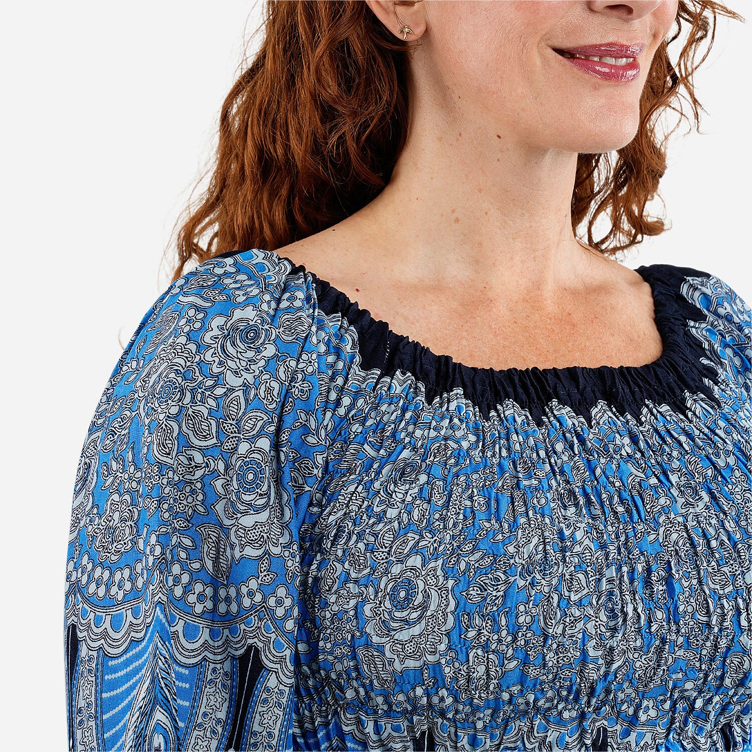 Blue Peacock Long Sleeve Smocked Maxi Dress - One Size Fits Most