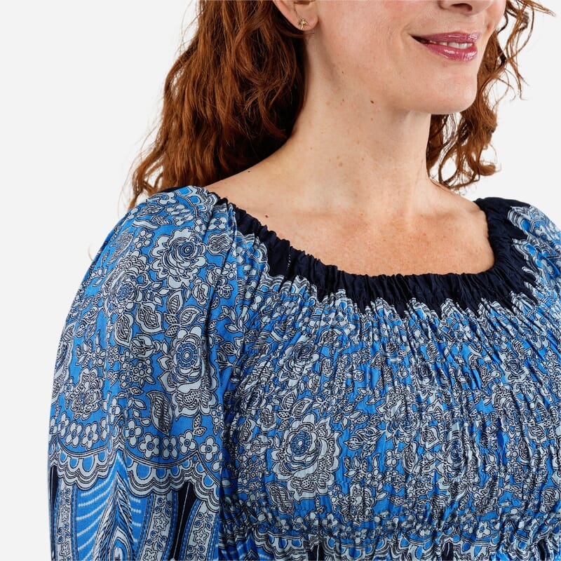 Blue Peacock Long Sleeve Smocked Maxi Dress - One Size Fits Most