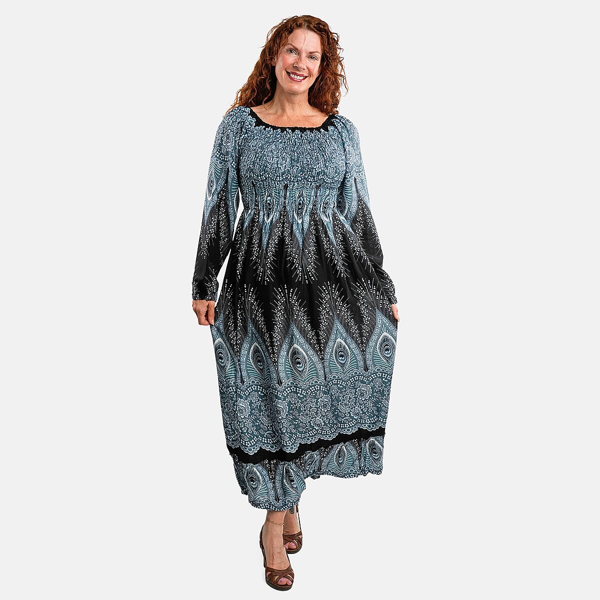 Black Peacock Long Sleeve Smocked Maxi Dress - One Size Fits Most image number 0