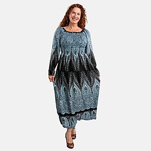 Black Peacock Long Sleeve Smocked Maxi Dress - One Size Fits Most