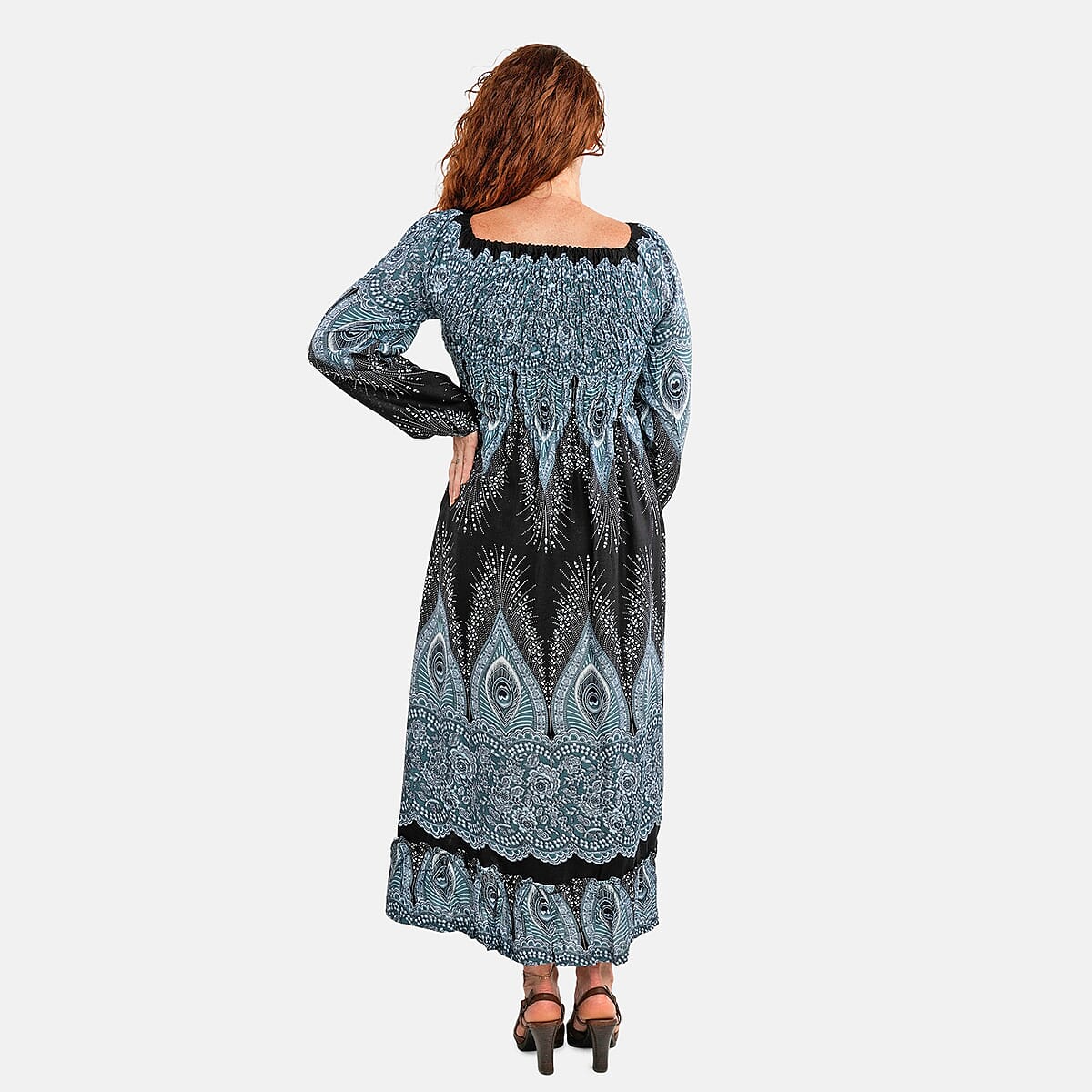 Black Peacock Long Sleeve Smocked Maxi Dress - One Size Fits Most image number 1