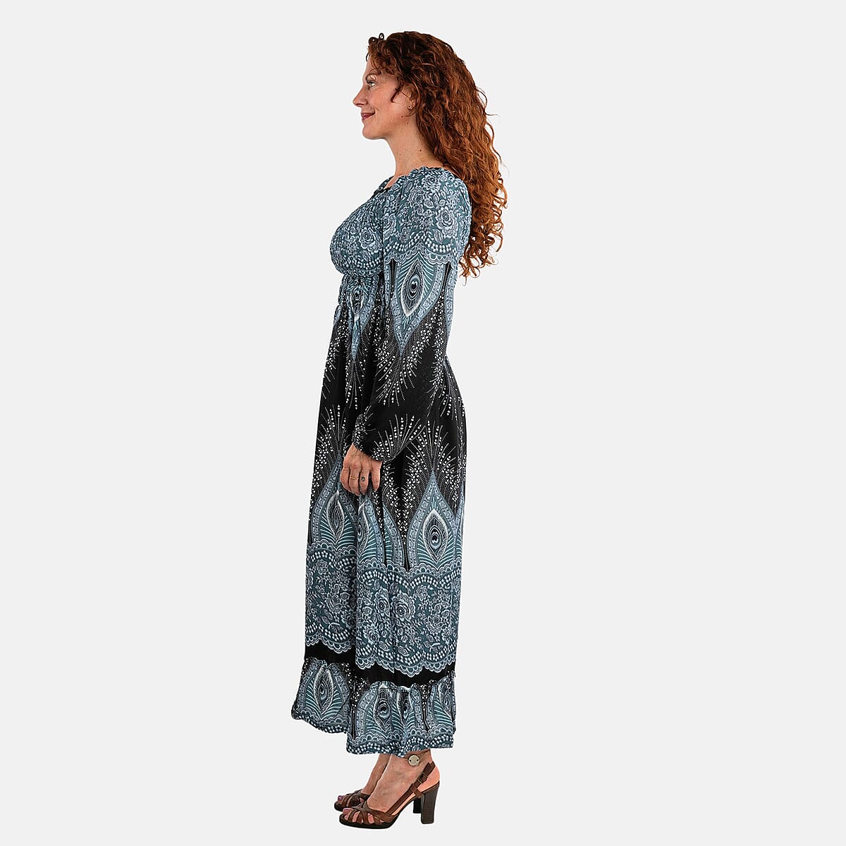 Black Peacock Long Sleeve Smocked Maxi Dress - One Size Fits Most image number 2