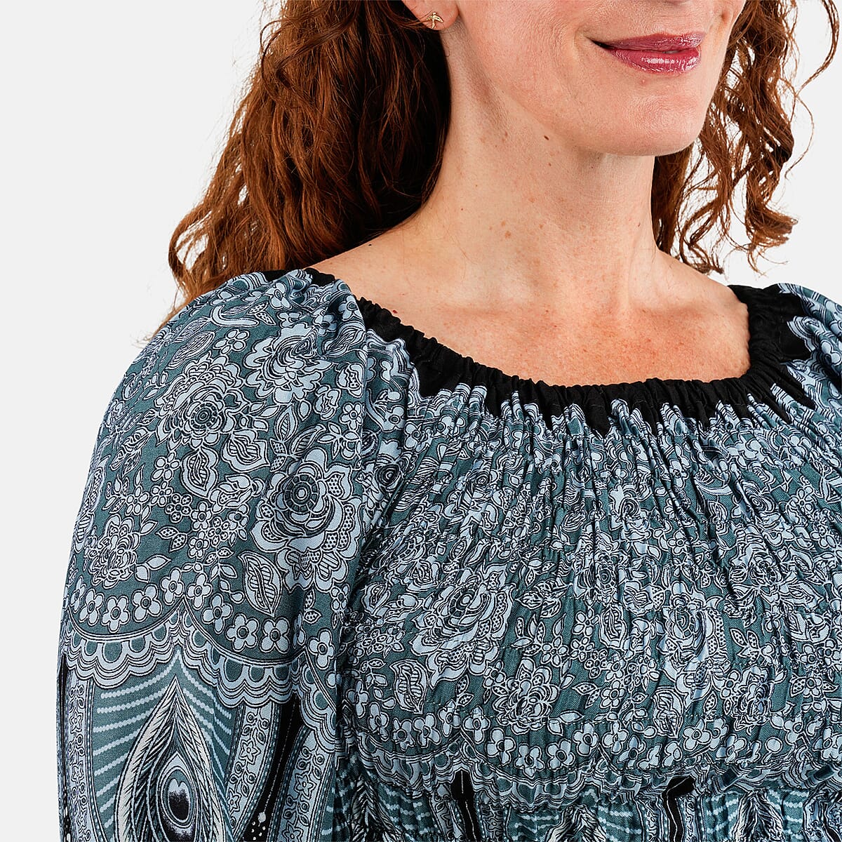 Black Peacock Long Sleeve Smocked Maxi Dress - One Size Fits Most image number 4