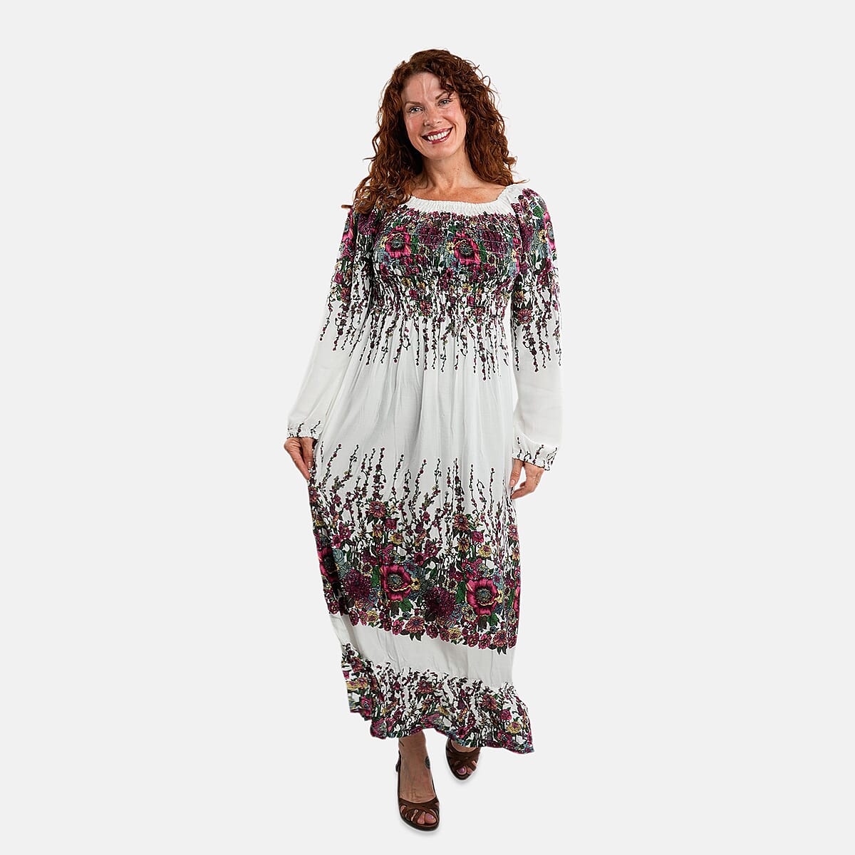 White Floral Long Sleeve Smocked Maxi Dress - One Size Fits Most image number 0