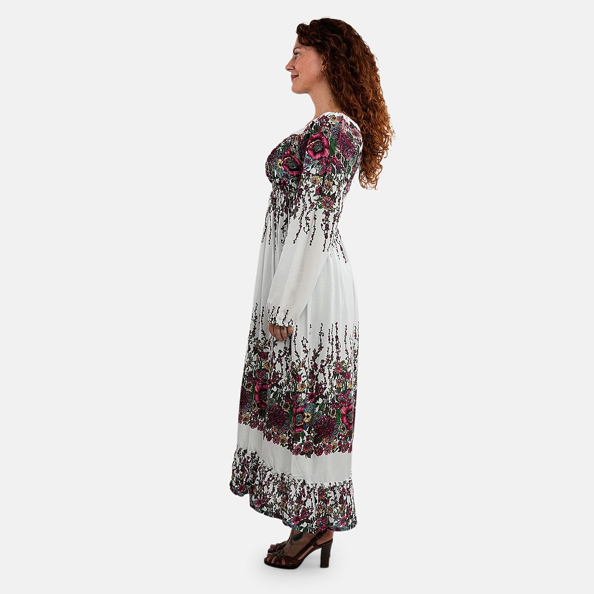 White Floral Long Sleeve Smocked Maxi Dress - One Size Fits Most image number 2