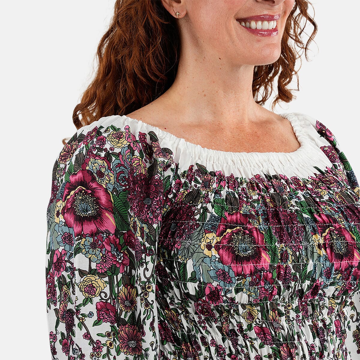 White Floral Long Sleeve Smocked Maxi Dress - One Size Fits Most image number 3