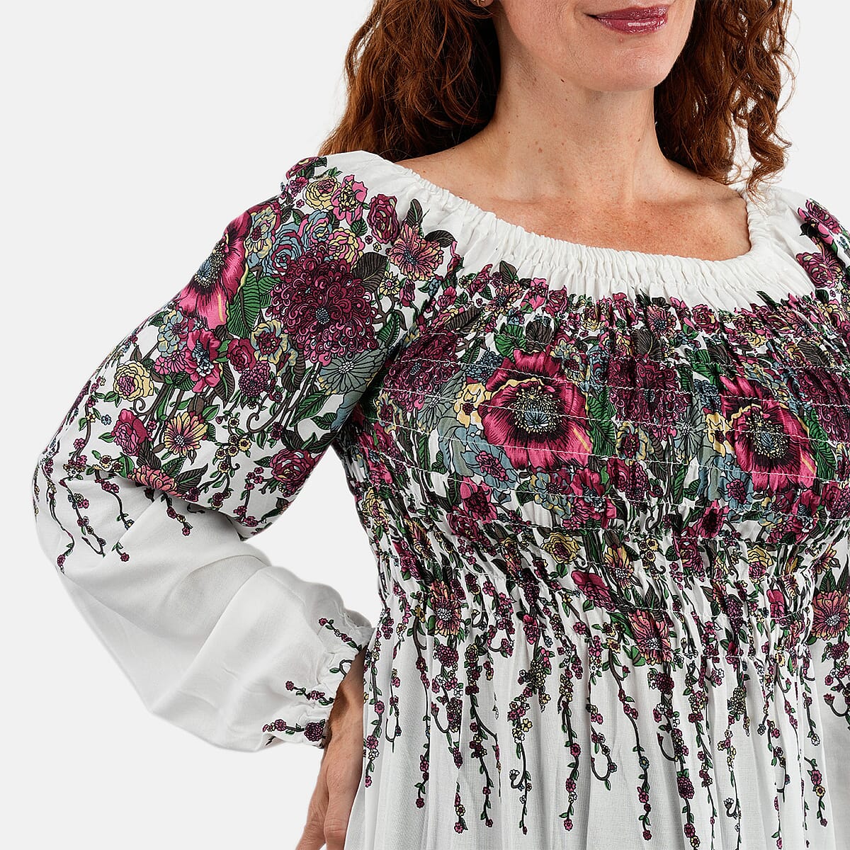 White Floral Long Sleeve Smocked Maxi Dress - One Size Fits Most image number 4