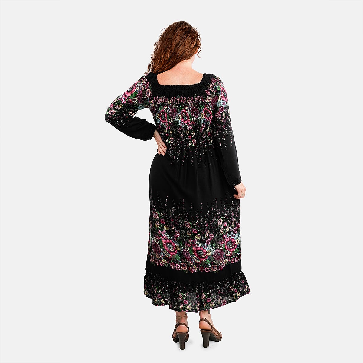 Black Floral Long Sleeve Smocked Maxi Dress - One Size Fits Most image number 1