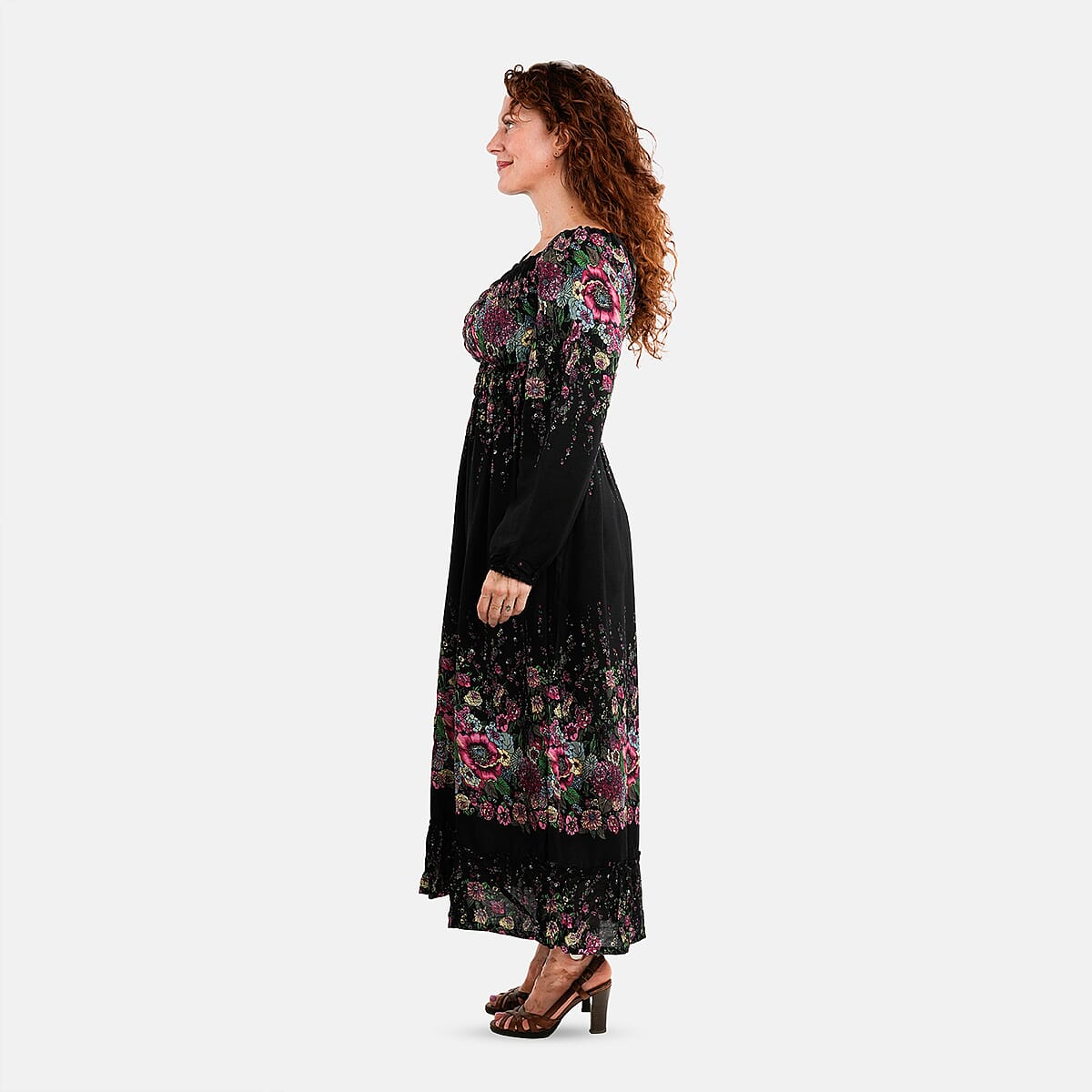Black Floral Long Sleeve Smocked Maxi Dress - One Size Fits Most image number 2