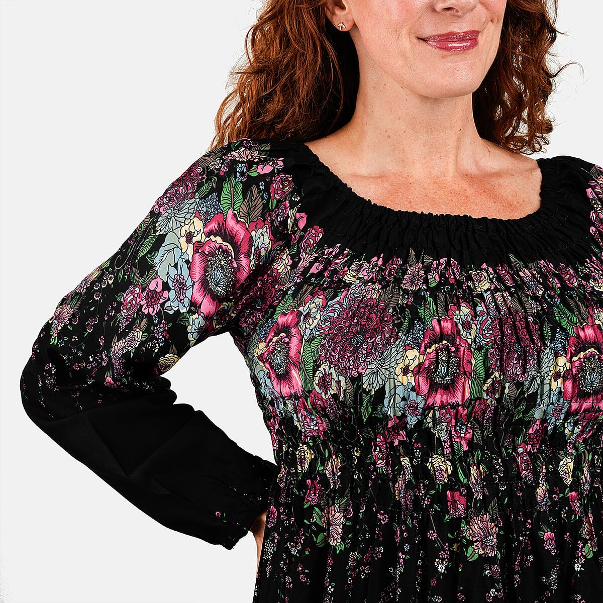 Black Floral Long Sleeve Smocked Maxi Dress - One Size Fits Most image number 4