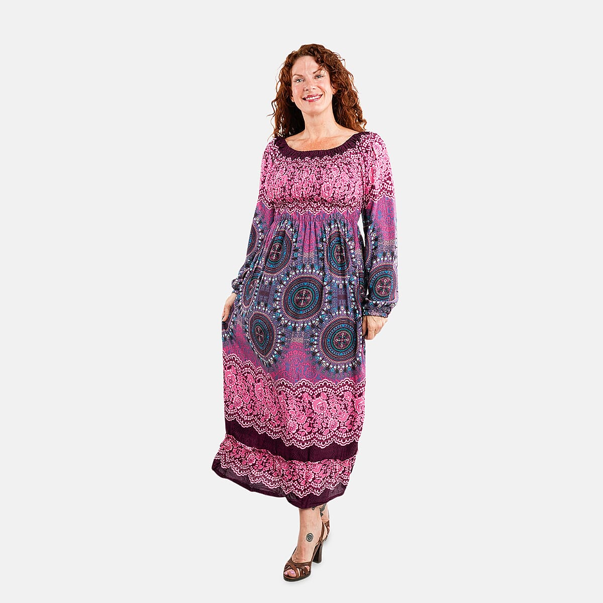 Pink Mandala Long Sleeve Smocked Maxi Dress - One Size Fits Most image number 0