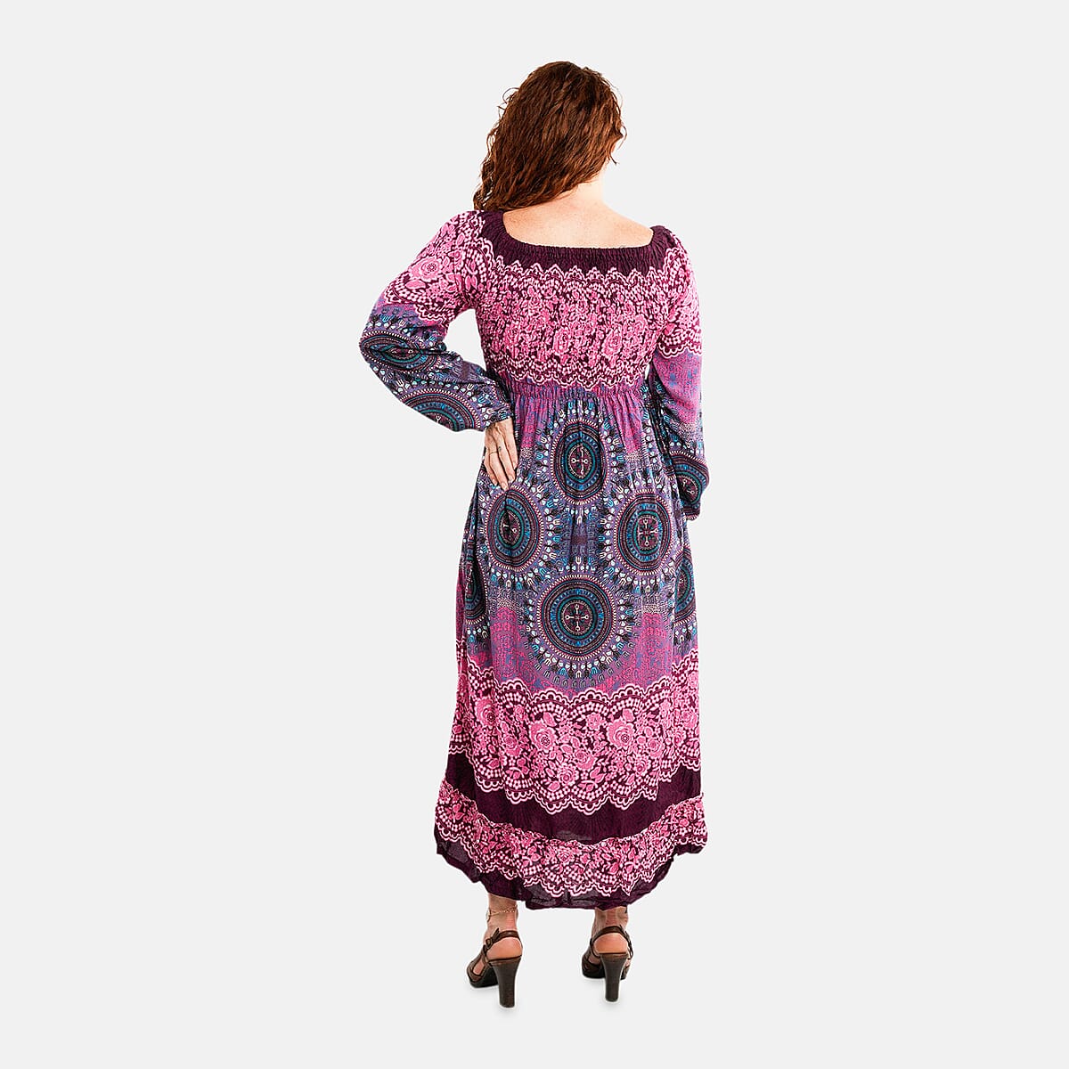 Pink Mandala Long Sleeve Smocked Maxi Dress - One Size Fits Most image number 1
